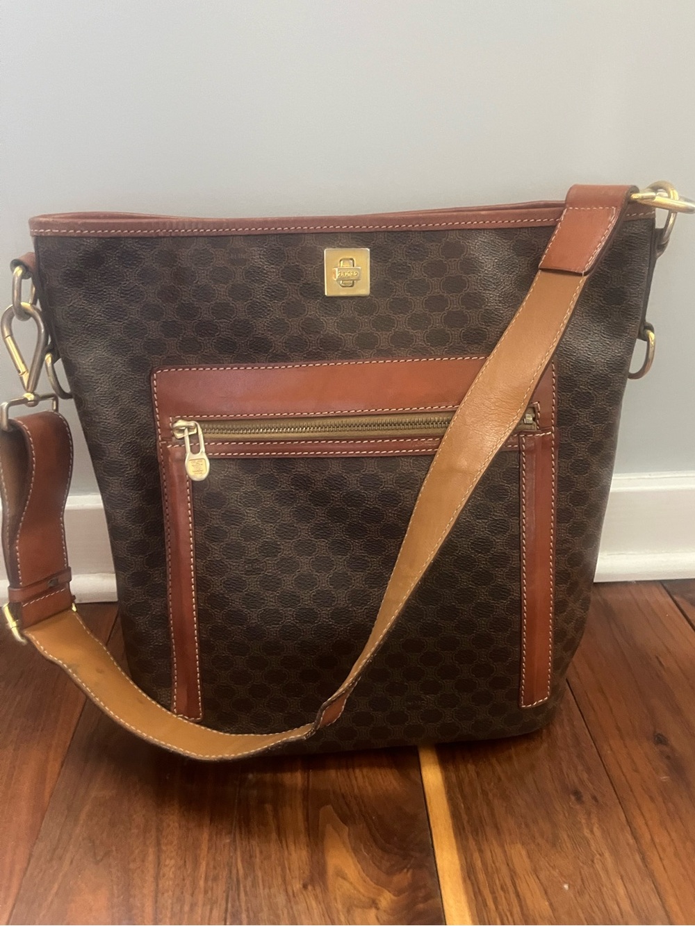 Celine Brown Monogram Crossbody Shoulder Bag with Tan Leather Trim